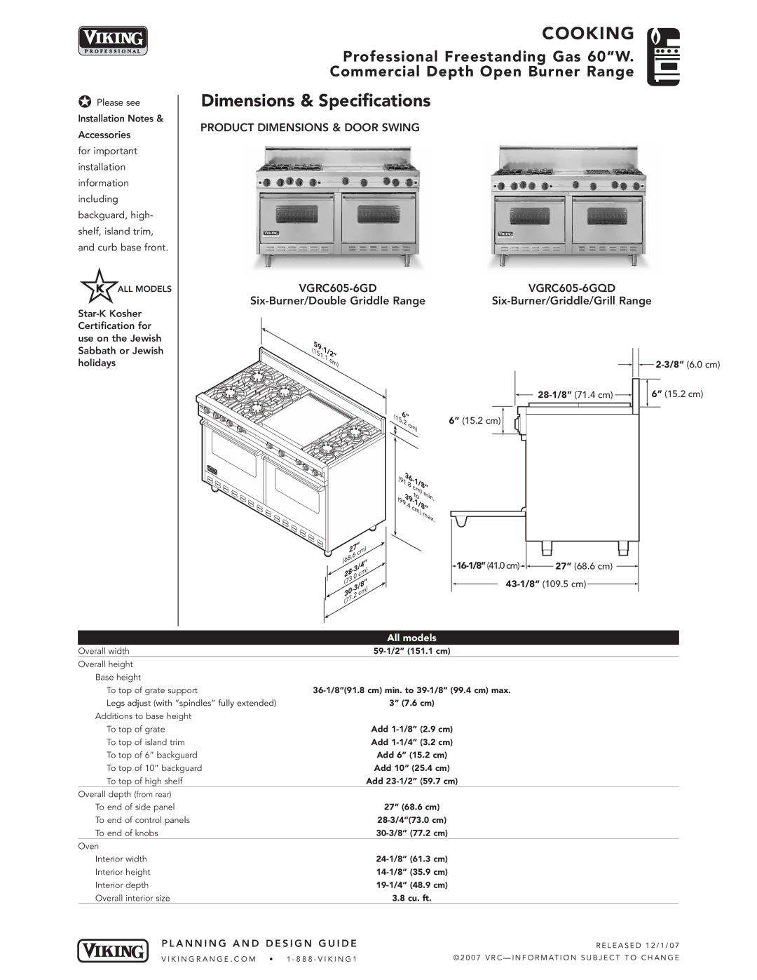 Viking manual Dimensions & Specifications, Product Dimensions & Door Swing, VGRC605-6GD, VGRC605-6GQD 