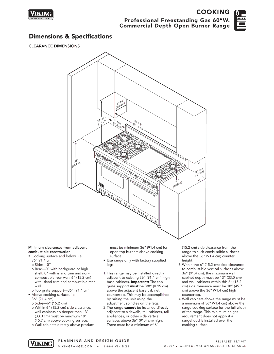 Viking VGRC manual Clearance Dimensions, Min 151 