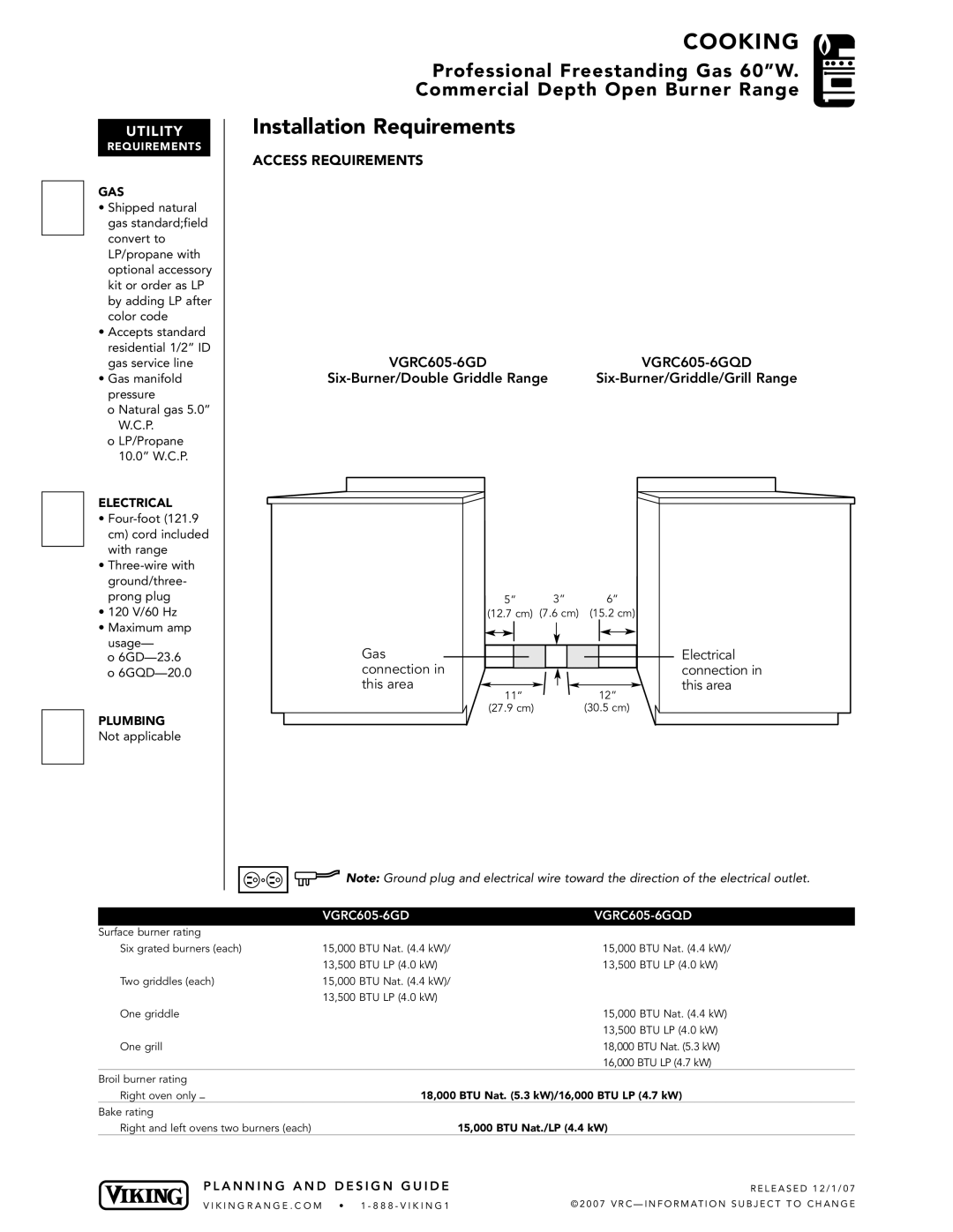 Viking VGRC manual Installation Requirements, Gas Electrical Connection This area, Plumbing 