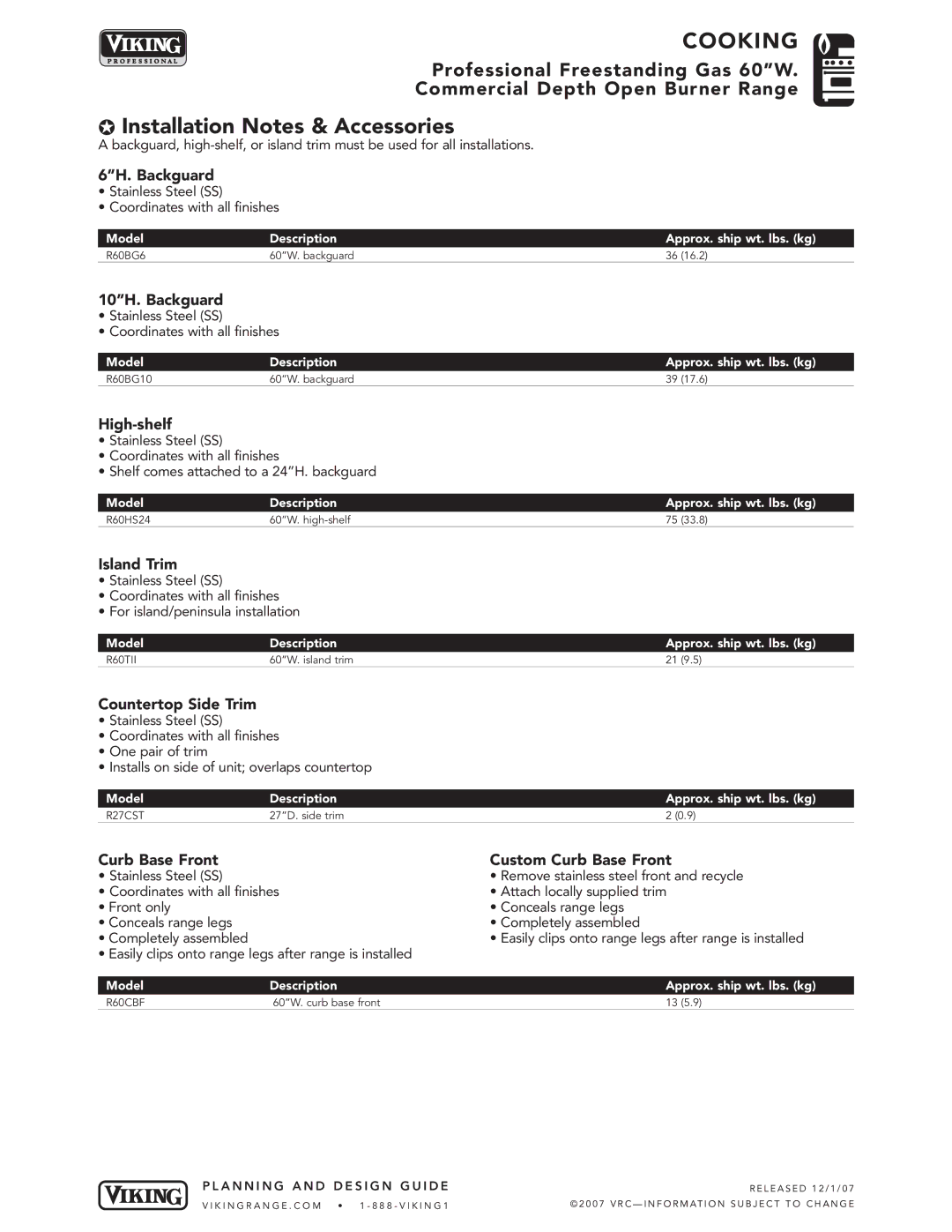 Viking VGRC manual Installation Notes & Accessories 