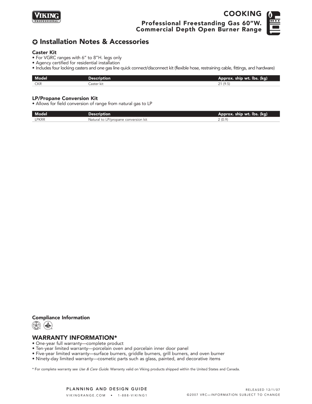 Viking VGRC manual Caster Kit, LP/Propane Conversion Kit, Compliance Information 