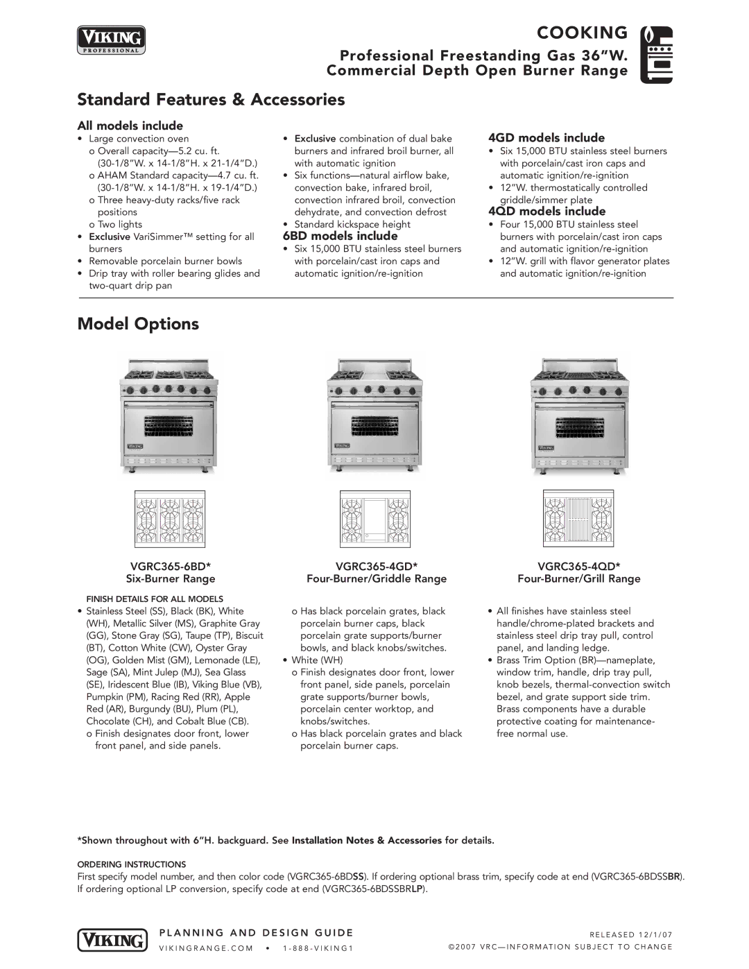 Viking VGRC365-4GD, VGRC365-6BD, VGRC365-4QD manual Standard Features & Accessories, Model Options 