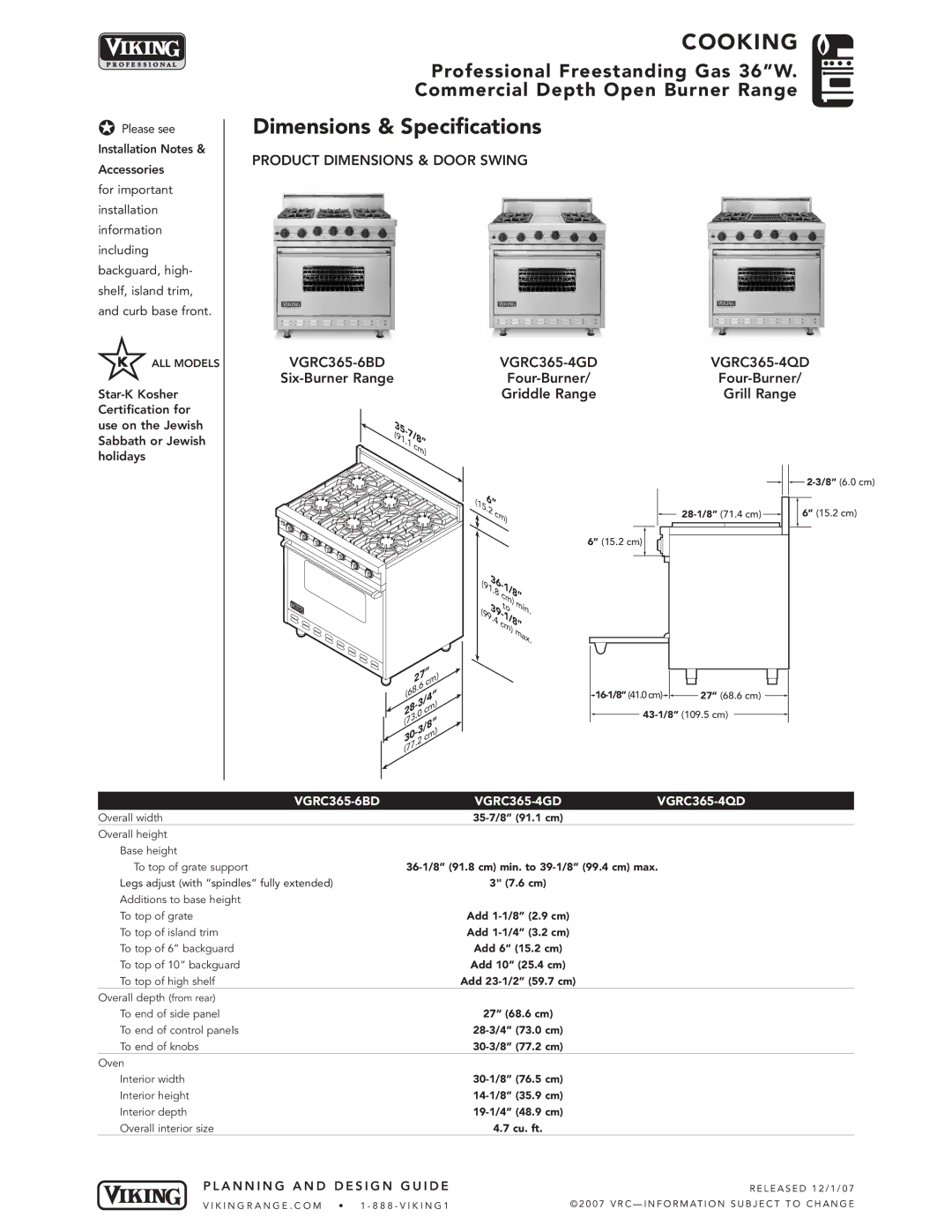 Viking VGRC365-4QD, VGRC365-6BD, VGRC365-4GD Dimensions & Specifications, Four-Burner Griddle Range Grill Range, Min Max 