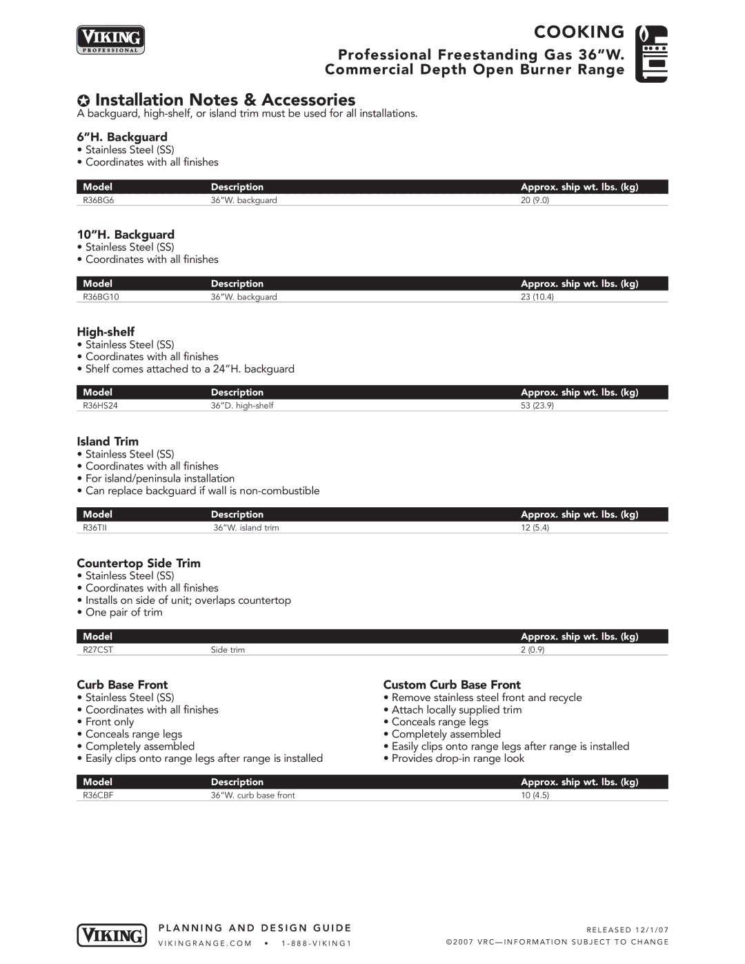 Viking VGRC365-4QD, VGRC365-6BD, VGRC365-4GD manual Installation Notes & Accessories 