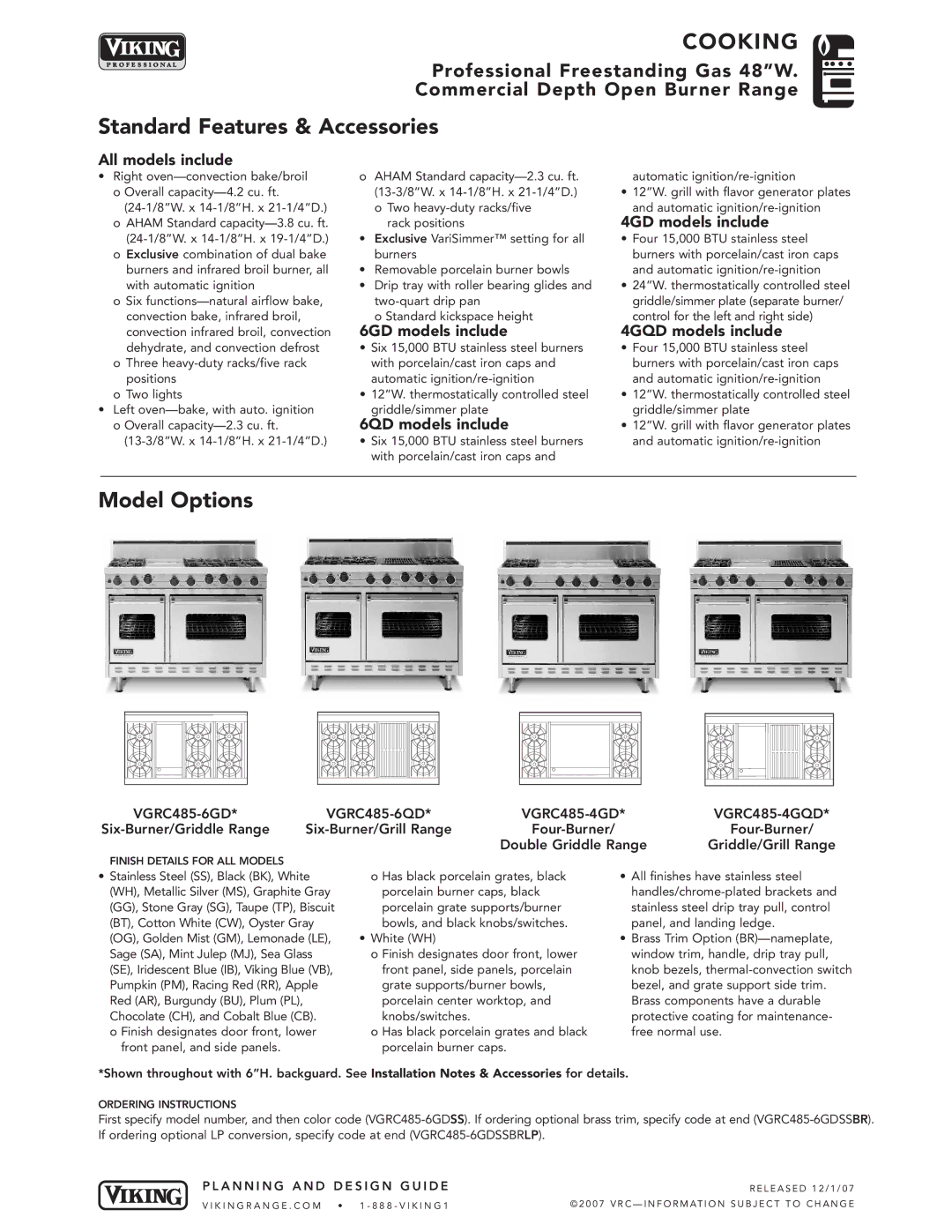 Viking VGRC485-4GD*, VGRC485-6QD*, VGRC485-4GQD*, VGRC485-6GD* manual Standard Features & Accessories, Model Options 