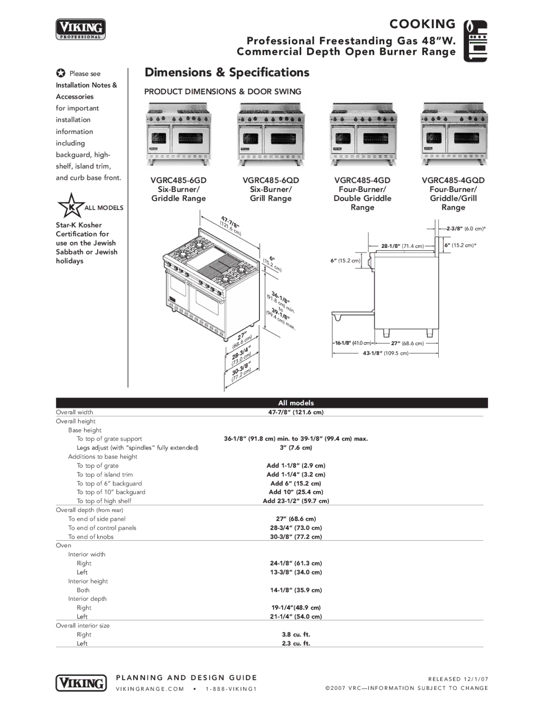 Viking VGRC485-4GQD*, VGRC485-6QD* Dimensions & Specifications, Product Dimensions & Door Swing, VGRC485-6GD VGRC485-6QD 