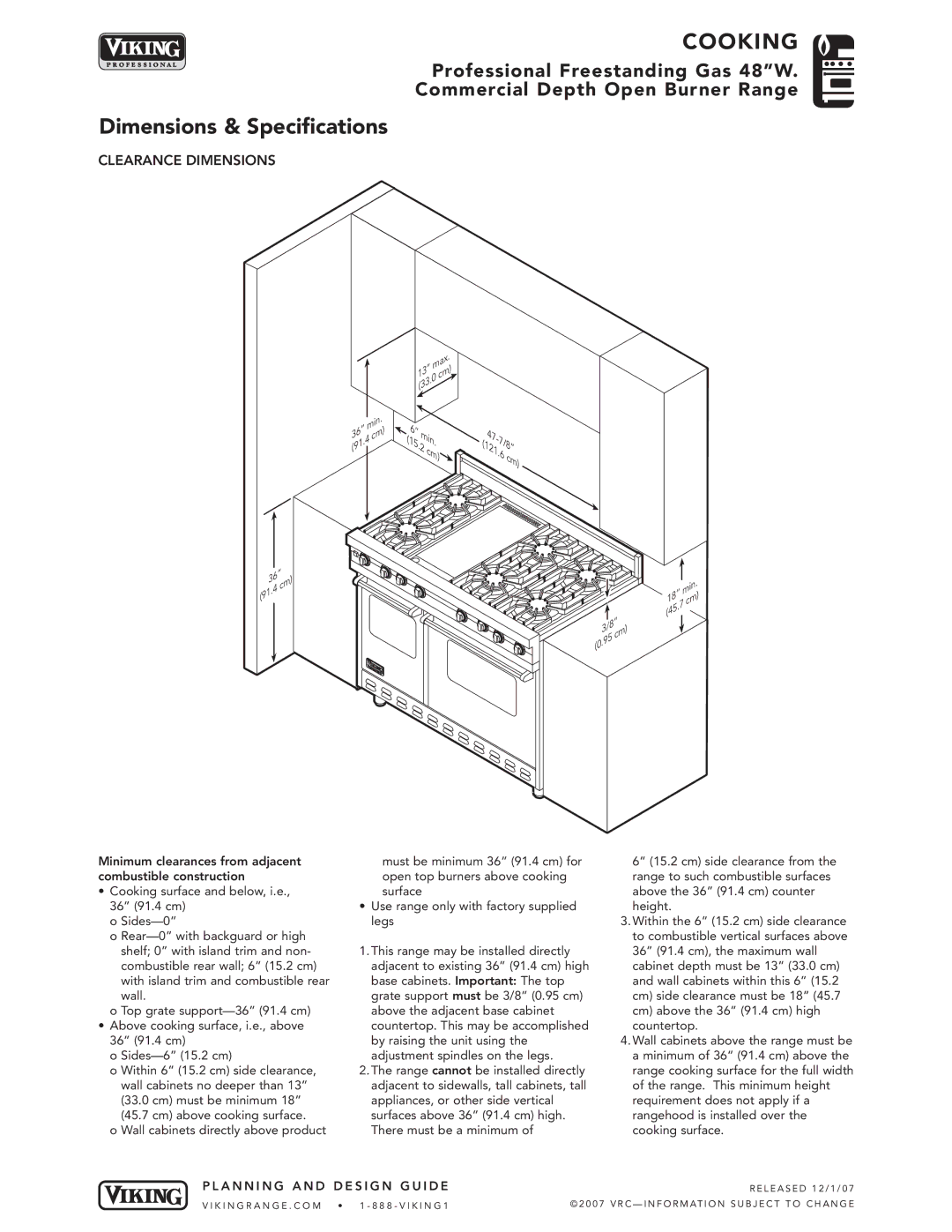 Viking VGRC485-6GD*, VGRC485-6QD*, VGRC485-4GD*, VGRC485-4GQD* manual Clearance Dimensions 