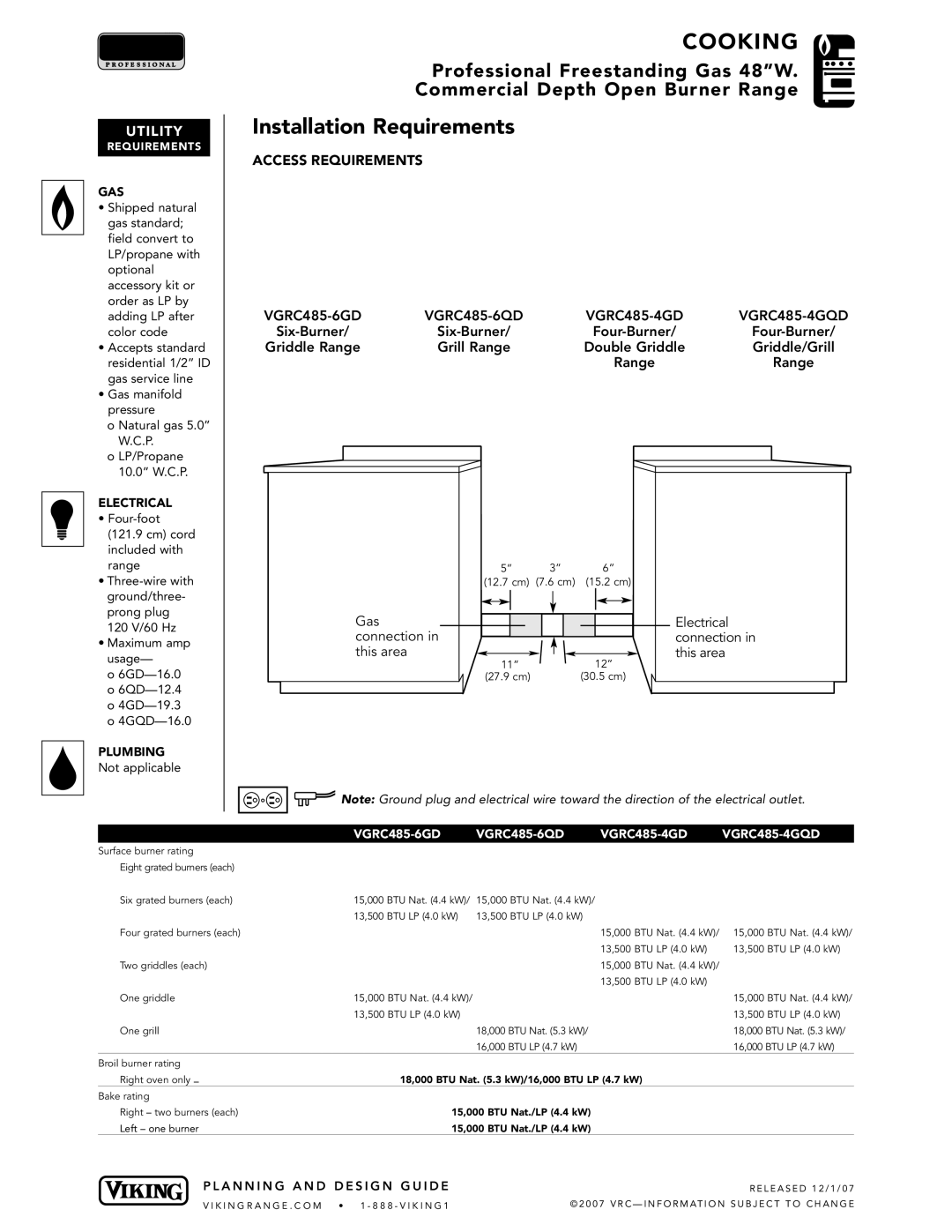 Viking VGRC485-6QD* Installation Requirements, VGRC485-6GD VGRC485-6QD VGRC485-4GD, Gas Electrical Connection This area 