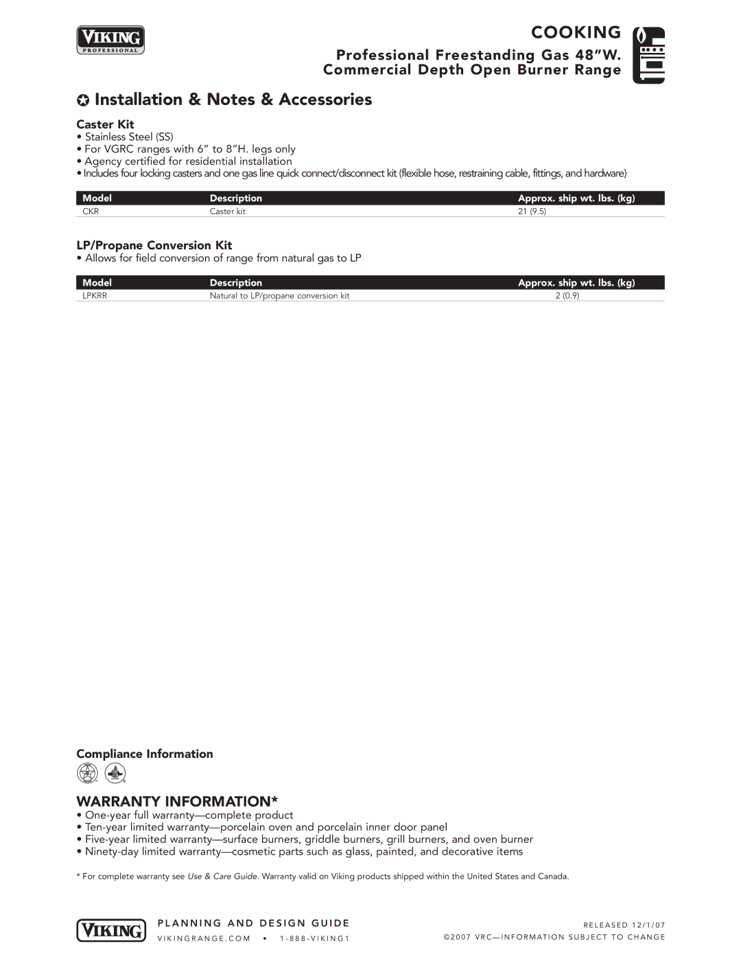 Viking VGRC485-4GQD*, VGRC485-6QD*, VGRC485-4GD*, VGRC485-6GD* Caster Kit, LP/Propane Conversion Kit, Compliance Information 