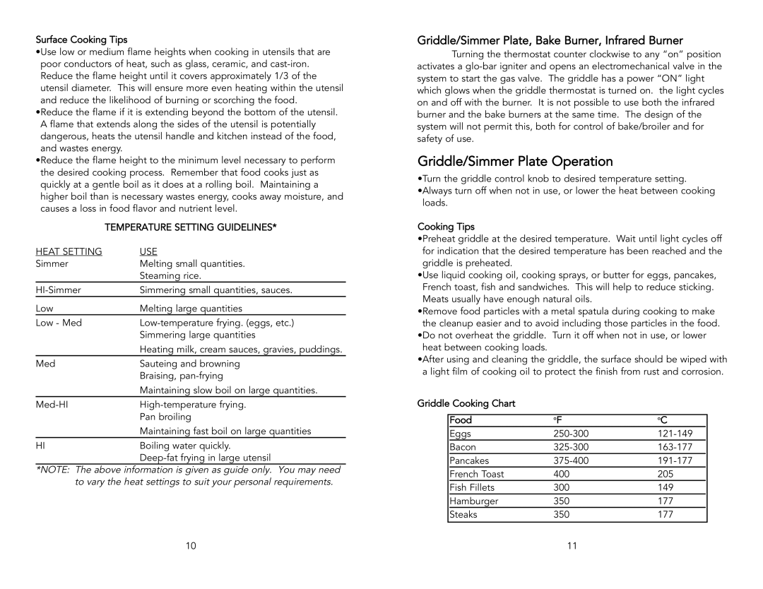 Viking VGIC536, VGRC485, VGRC3656MJBR manual Griddle/Simmer Plate Operation, Temperature Setting Guidelines Heat Setting USE 