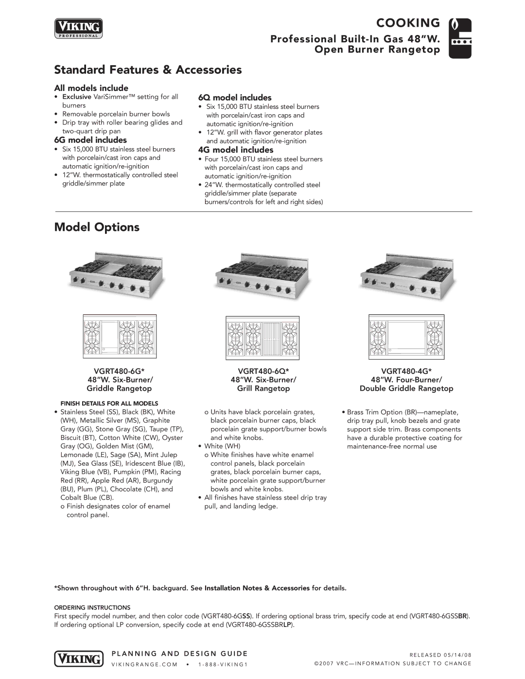 Viking VGRT manual Standard Features & Accessories, Model Options 