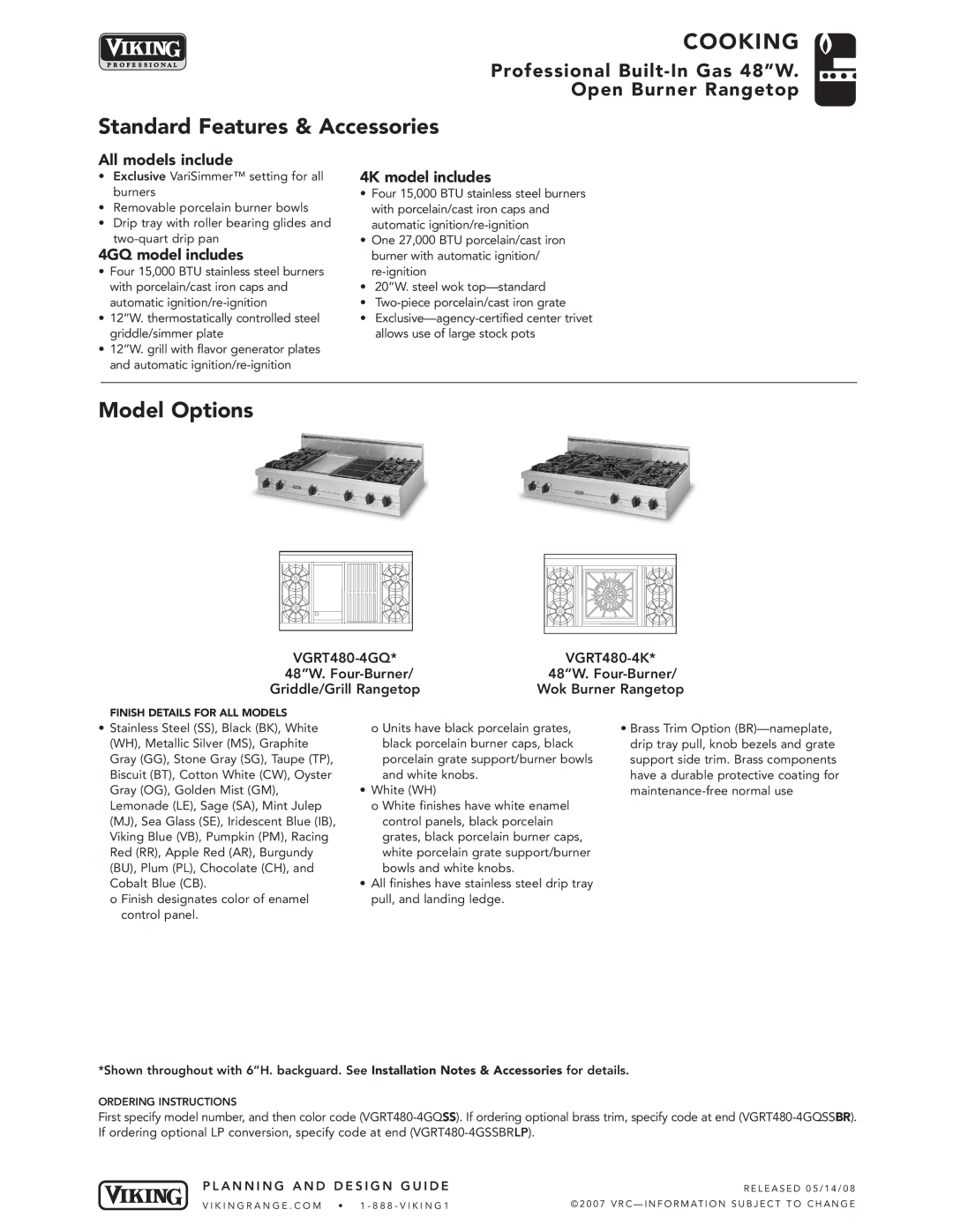 Viking VGRT manual 4GQ model includes, 4K model includes 