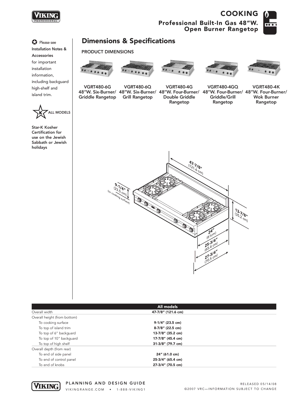 Viking manual Dimensions & Specifications, Product Dimensions, VGRT480-4GQ 