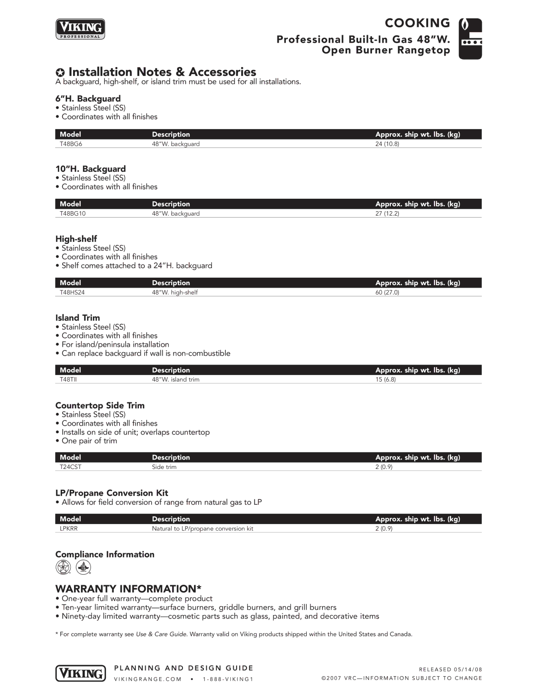 Viking VGRT manual Installation Notes & Accessories 