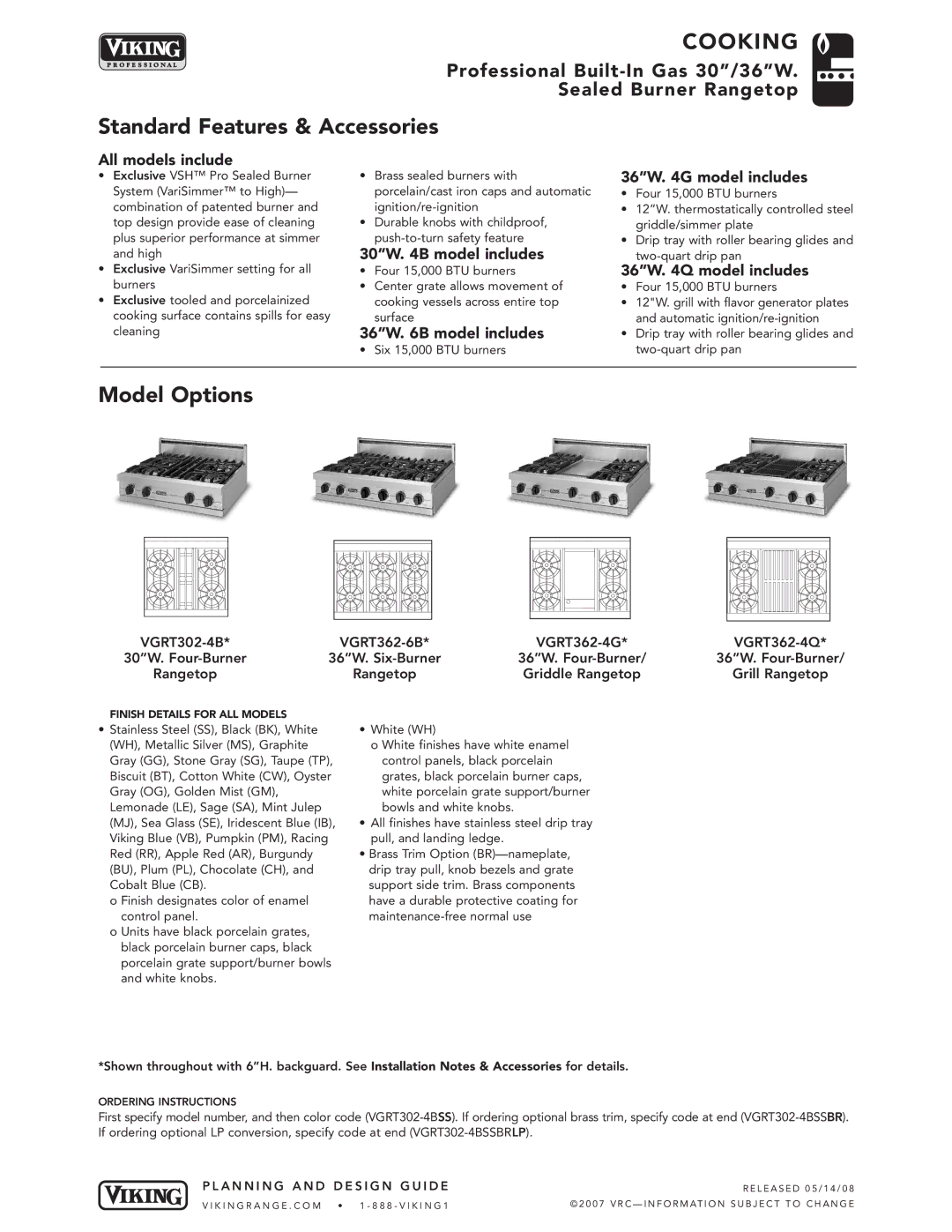 Viking VGRT362-6B*, VGRT362-4G, VGRT302-4B*, VGRT362-4Q manual Standard Features & Accessories, Model Options 