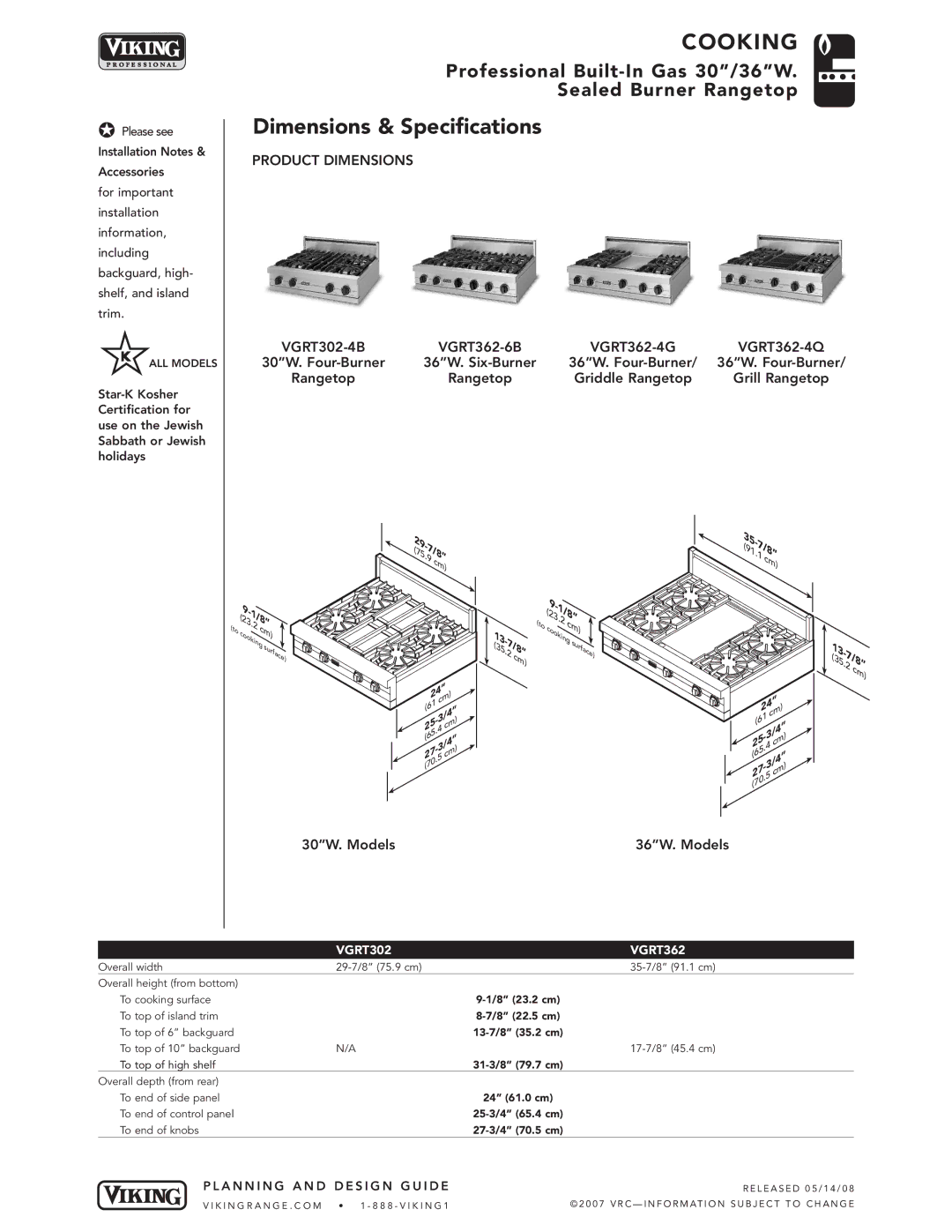 Viking VGRT362-4G, VGRT362-6B*, VGRT302-4B*, VGRT362-4Q manual Dimensions & Specifications, Product Dimensions 