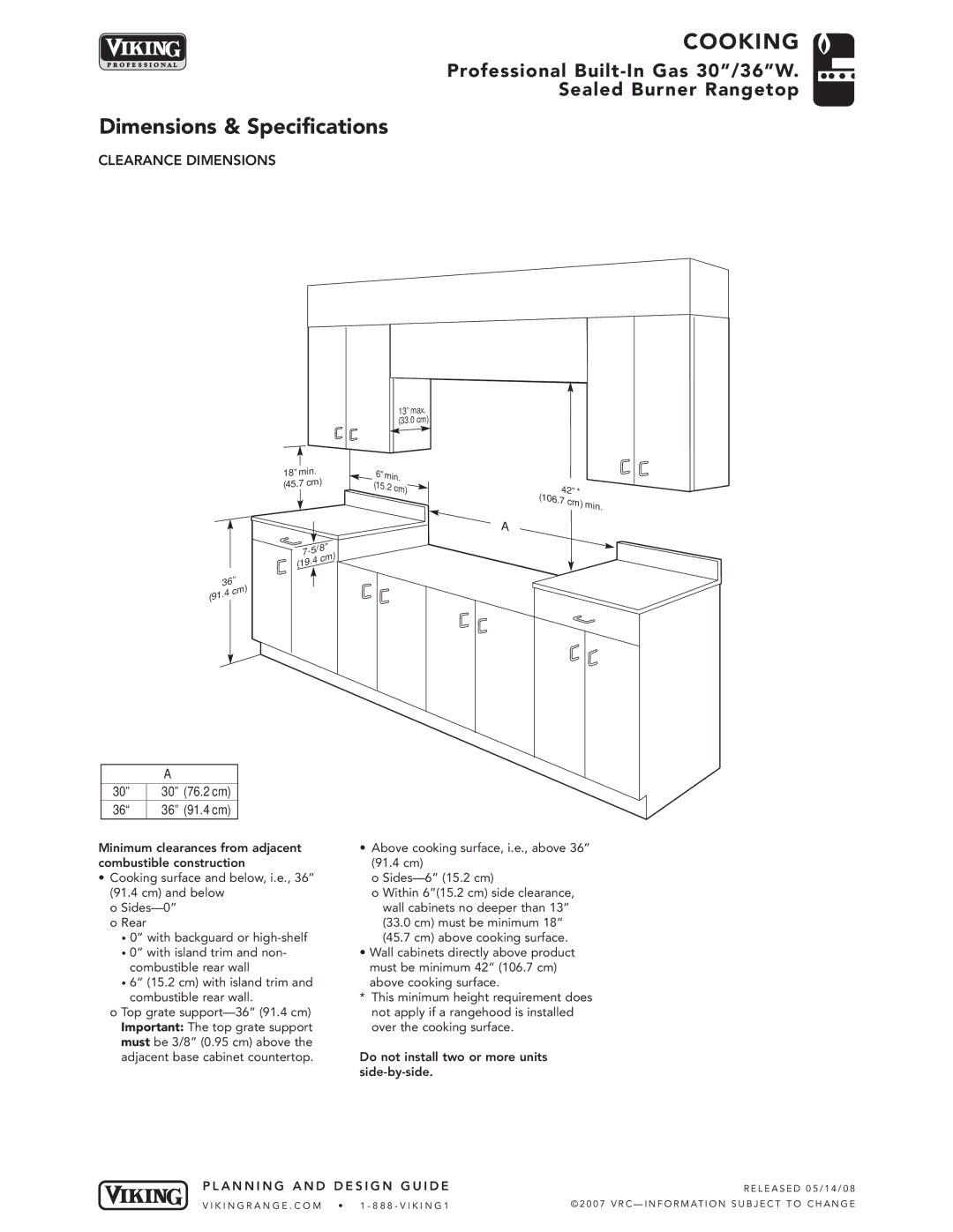 Viking VGRT302-4B*, VGRT362-6B*, VGRT362-4G, VGRT362-4Q manual Clearance Dimensions 