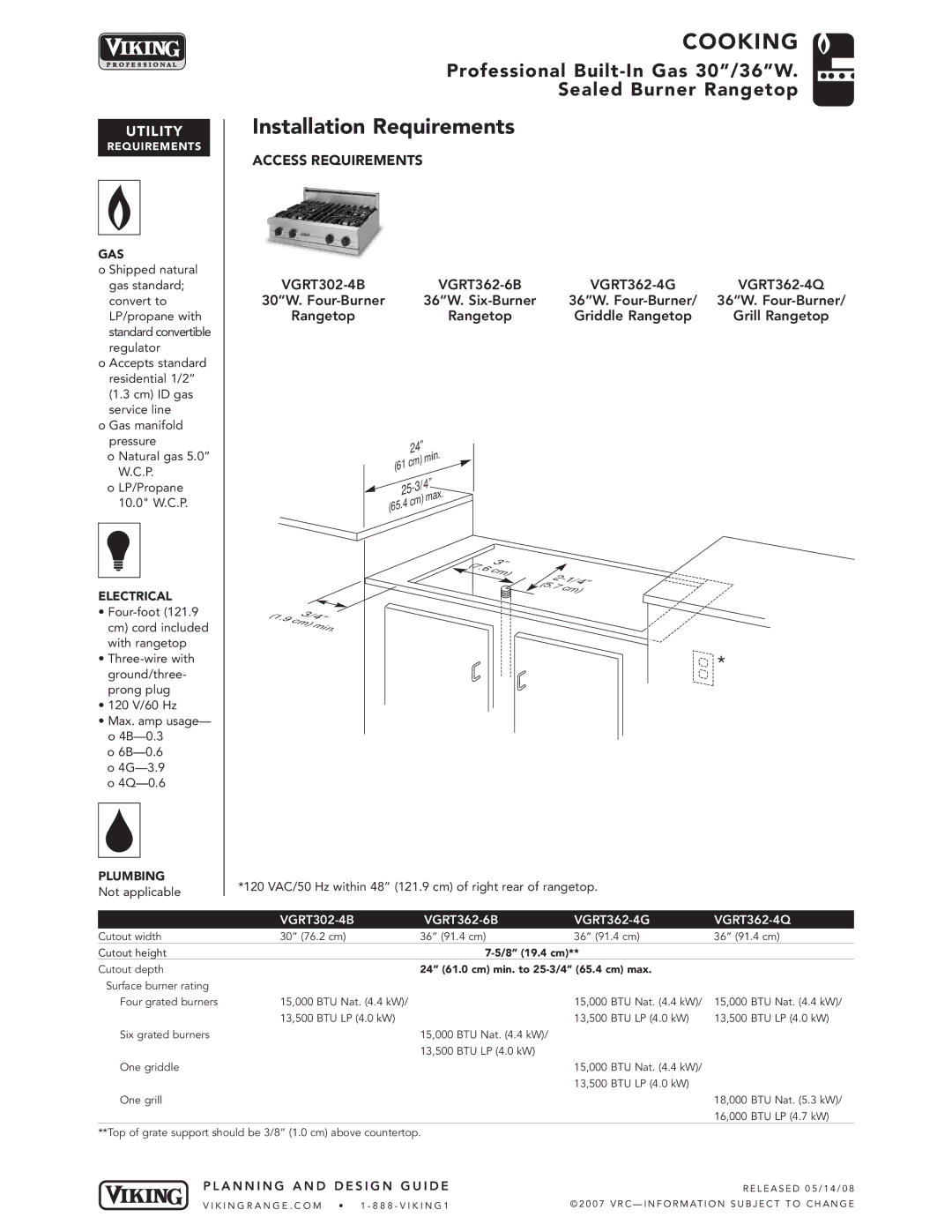 Viking VGRT362-4Q, VGRT362-6B*, VGRT362-4G, VGRT302-4B* manual Installation Requirements, Utilit Y 