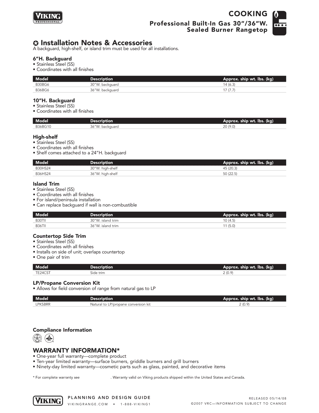 Viking VGRT362-6B*, VGRT362-4G, VGRT302-4B*, VGRT362-4Q manual Installation Notes & Accessories 