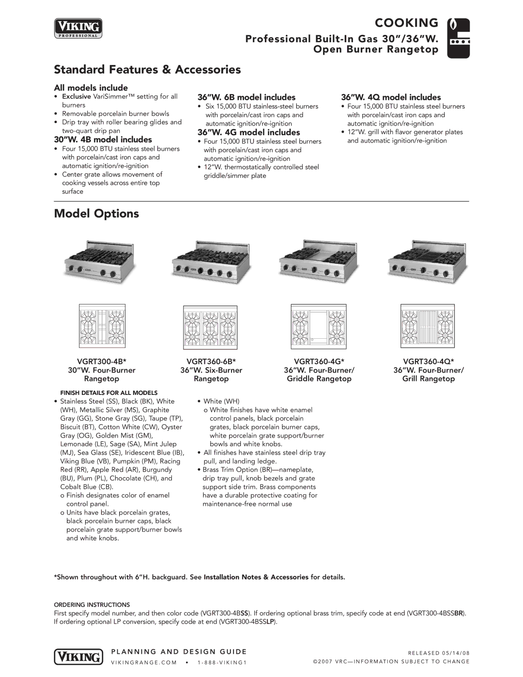 Viking VGRT360-4G, VGRT360-6B, VGRT360-4Q, VGRT300-4B manual Standard Features & Accessories, Model Options 