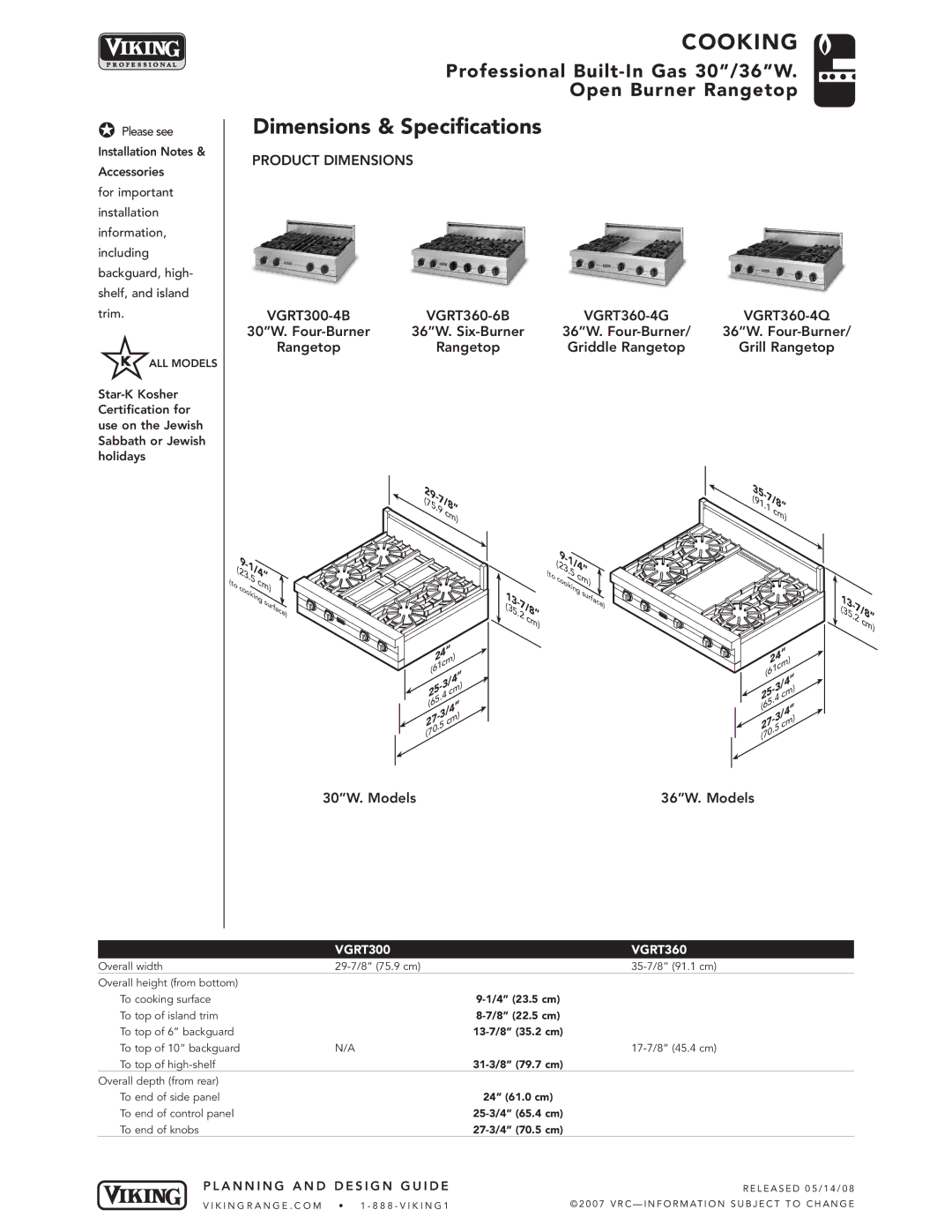 Viking VGRT360-4Q, VGRT360-6B, VGRT360-4G, VGRT300-4B manual Dimensions & Specifications, Product Dimensions 