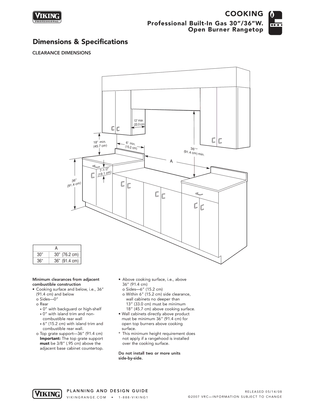 Viking VGRT300-4B, VGRT360-6B, VGRT360-4G, VGRT360-4Q manual Clearance Dimensions 