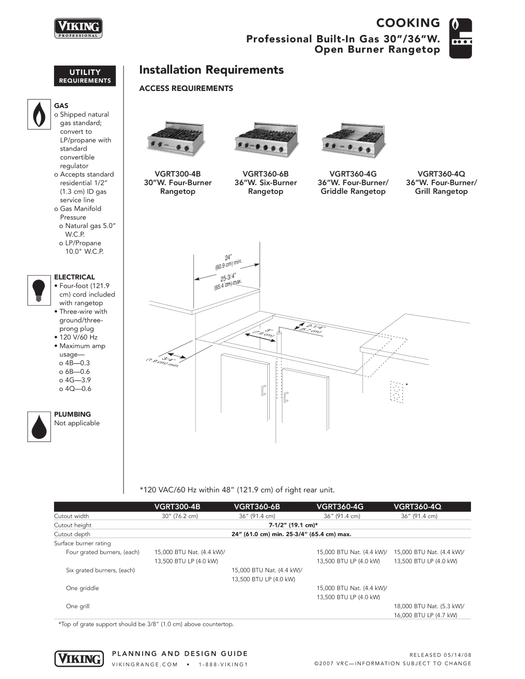 Viking VGRT360-6B, VGRT360-4G, VGRT360-4Q, VGRT300-4B manual Installation Requirements, Utilit Y 