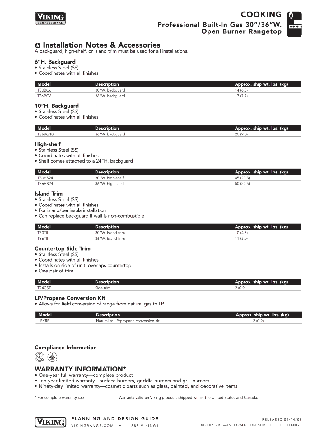 Viking VGRT360-4G, VGRT360-6B, VGRT360-4Q, VGRT300-4B manual Installation Notes & Accessories 