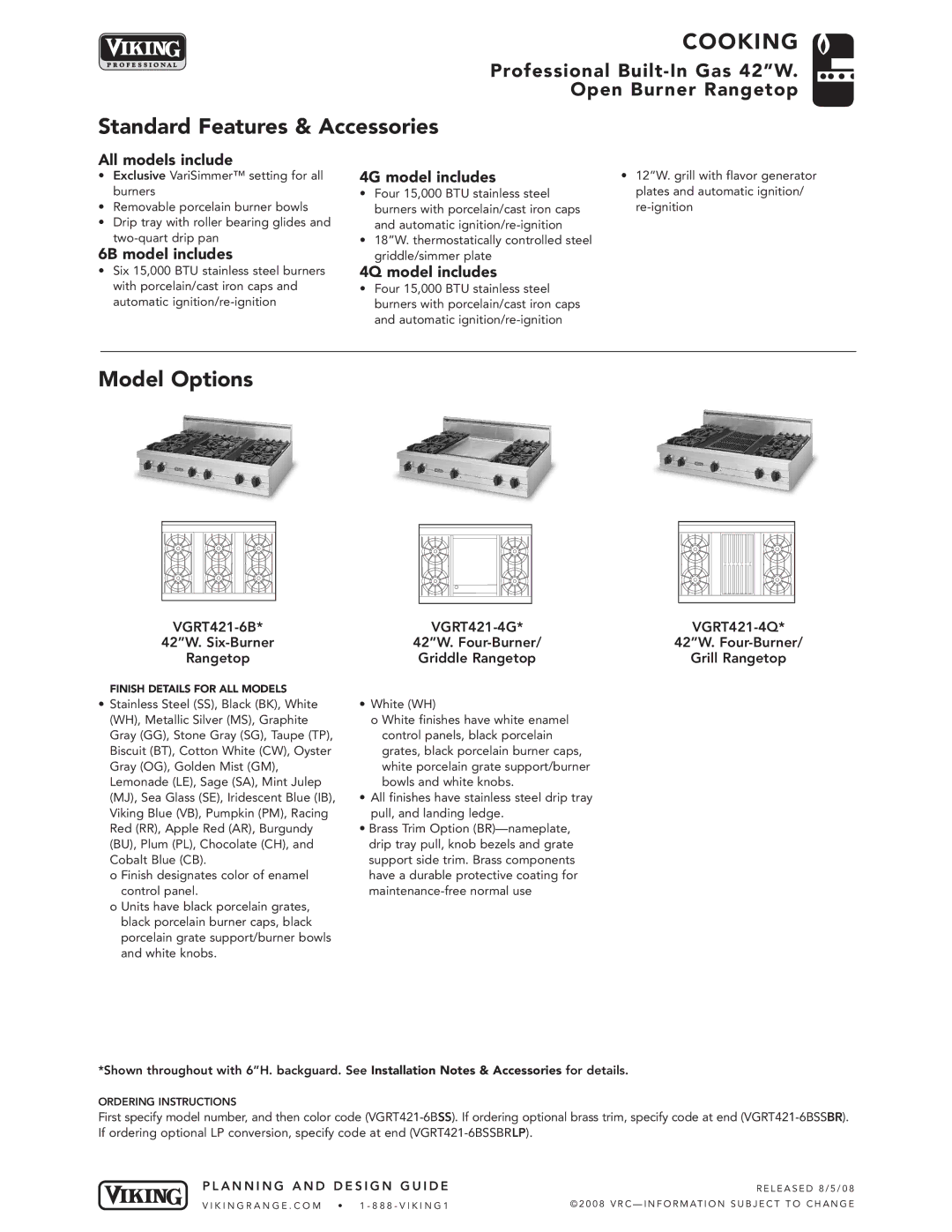 Viking VGRT421-6B, VGRT421-4G manual Standard Features & Accessories, Model Options 