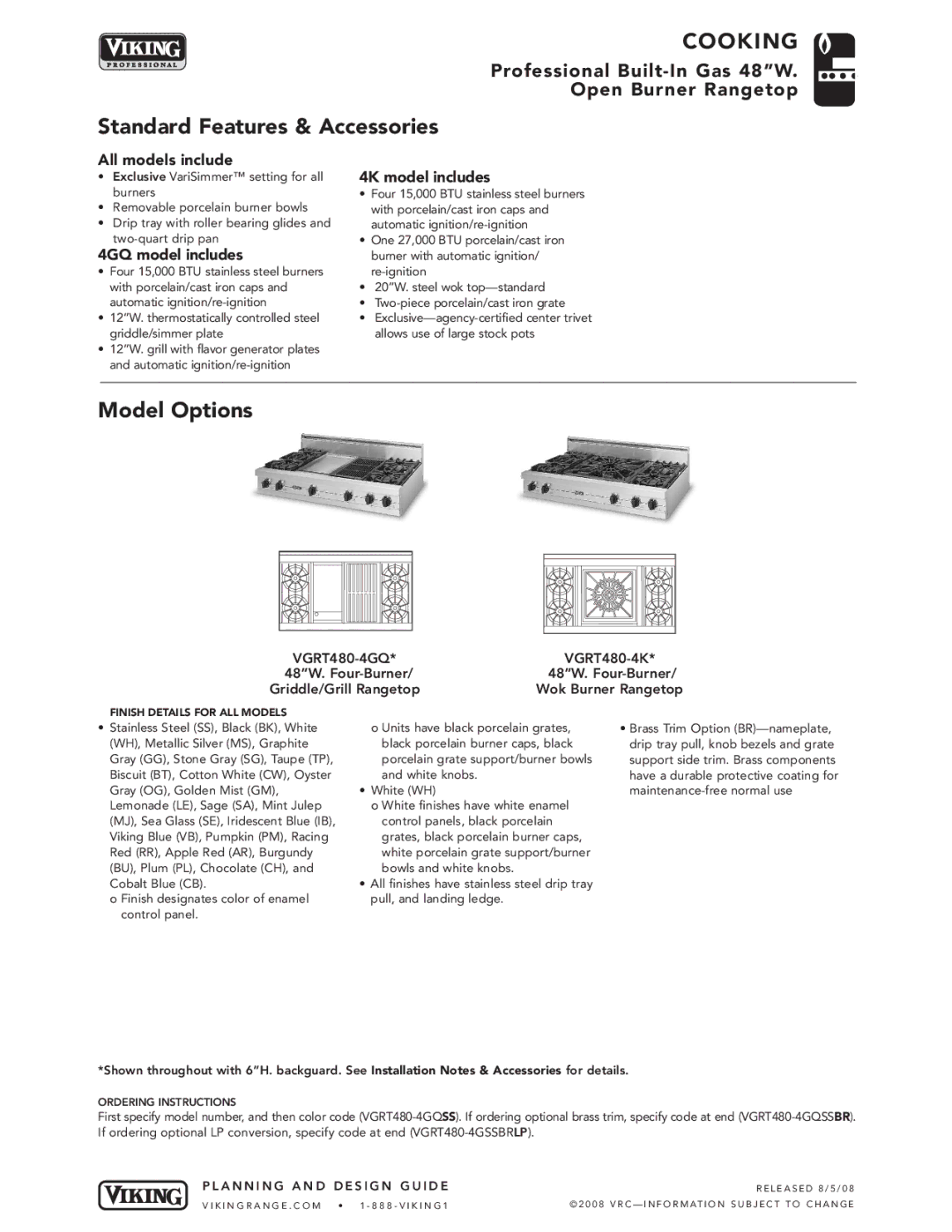 Viking VGRT480-6G manual 4GQ model includes, 4K model includes 
