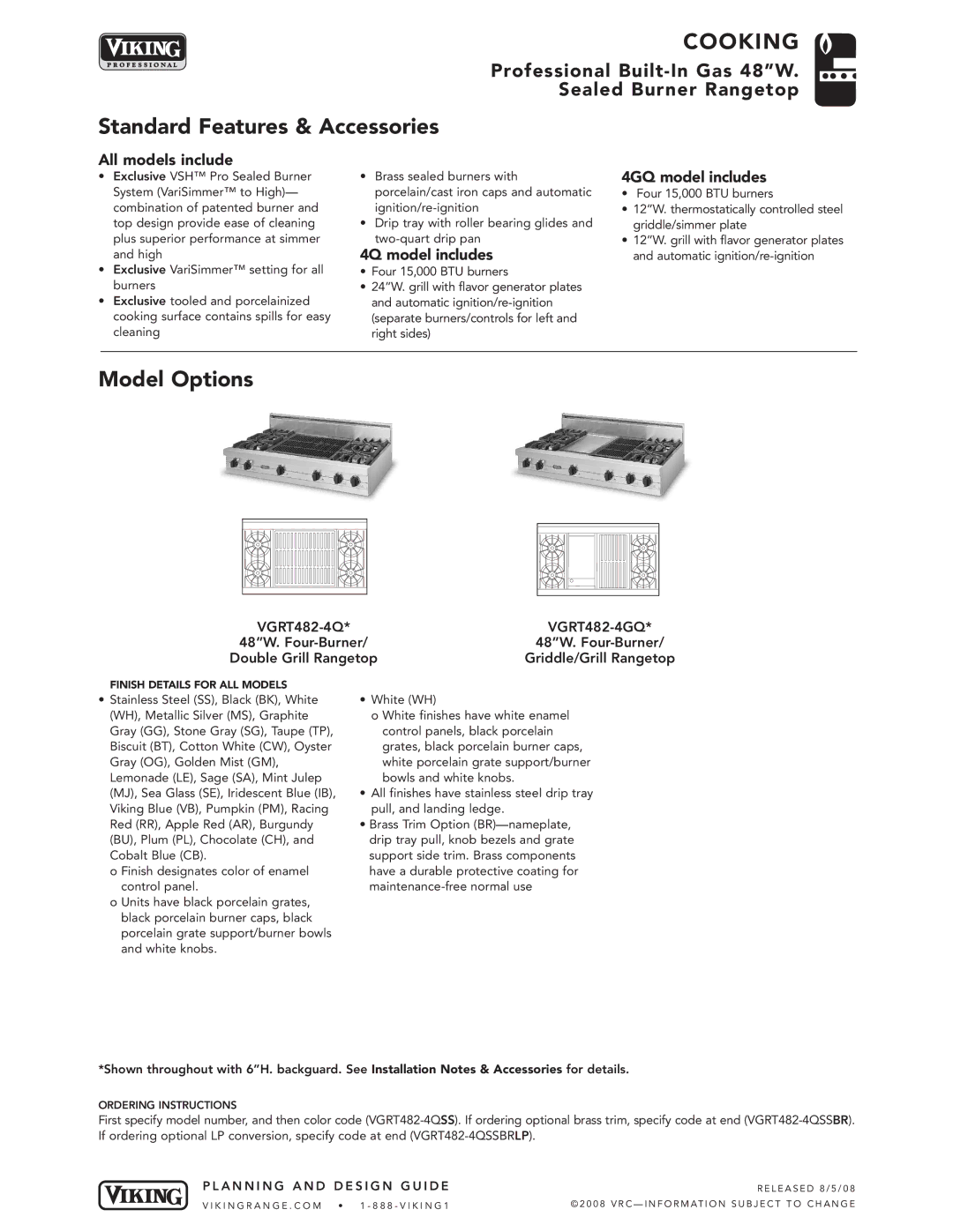 Viking VGRT482-6Q, VGRT482-4G, VGRT482-6G manual 4Q model includes, 4GQ model includes 