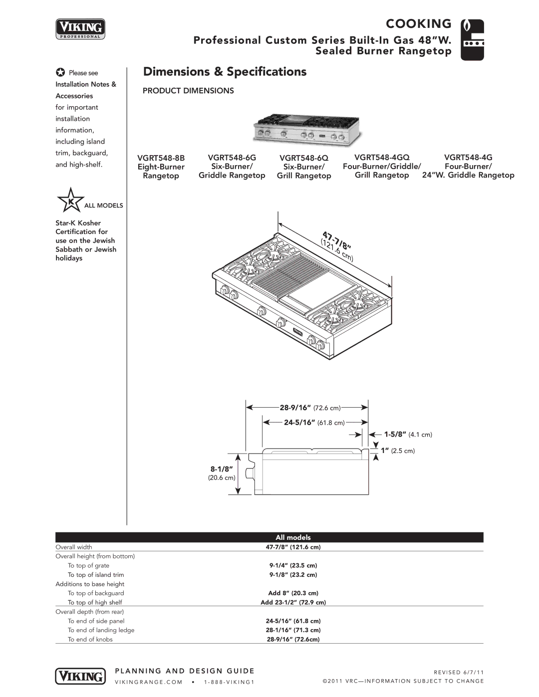 Viking VGRT548-6Q, VGRT548-6G, VGRT548-8B manual Dimensions & Specifications, Product Dimensions, VGRT548-4GQ, All models 