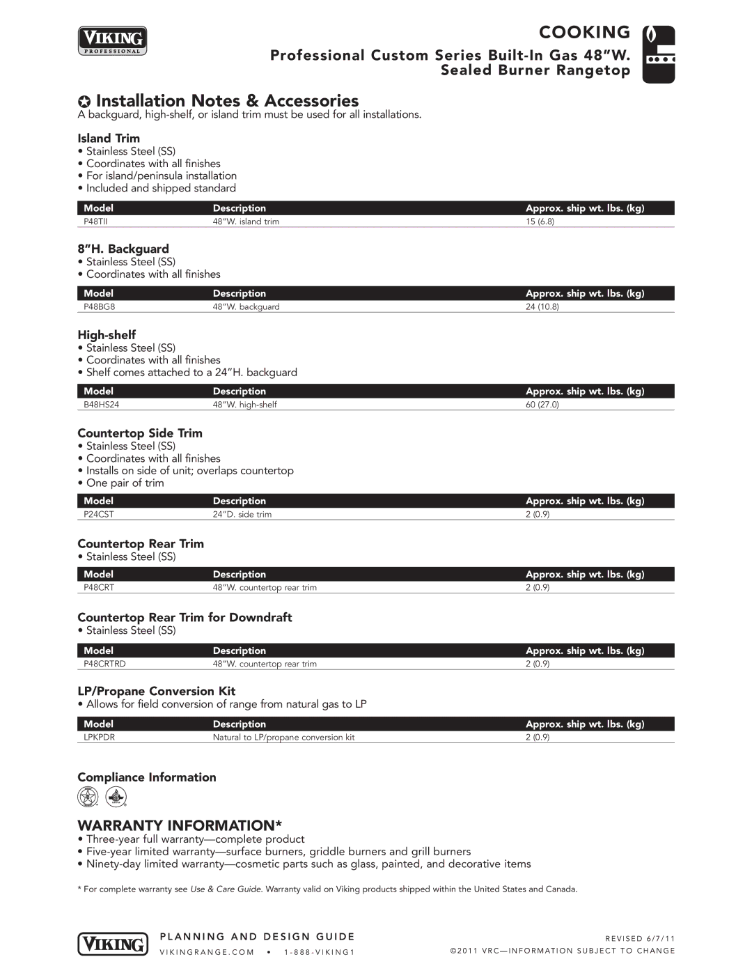 Viking VGRT548-6G, VGRT548-8B, VGRT548-6Q, VGRT548-4GQ manual Installation Notes & Accessories 