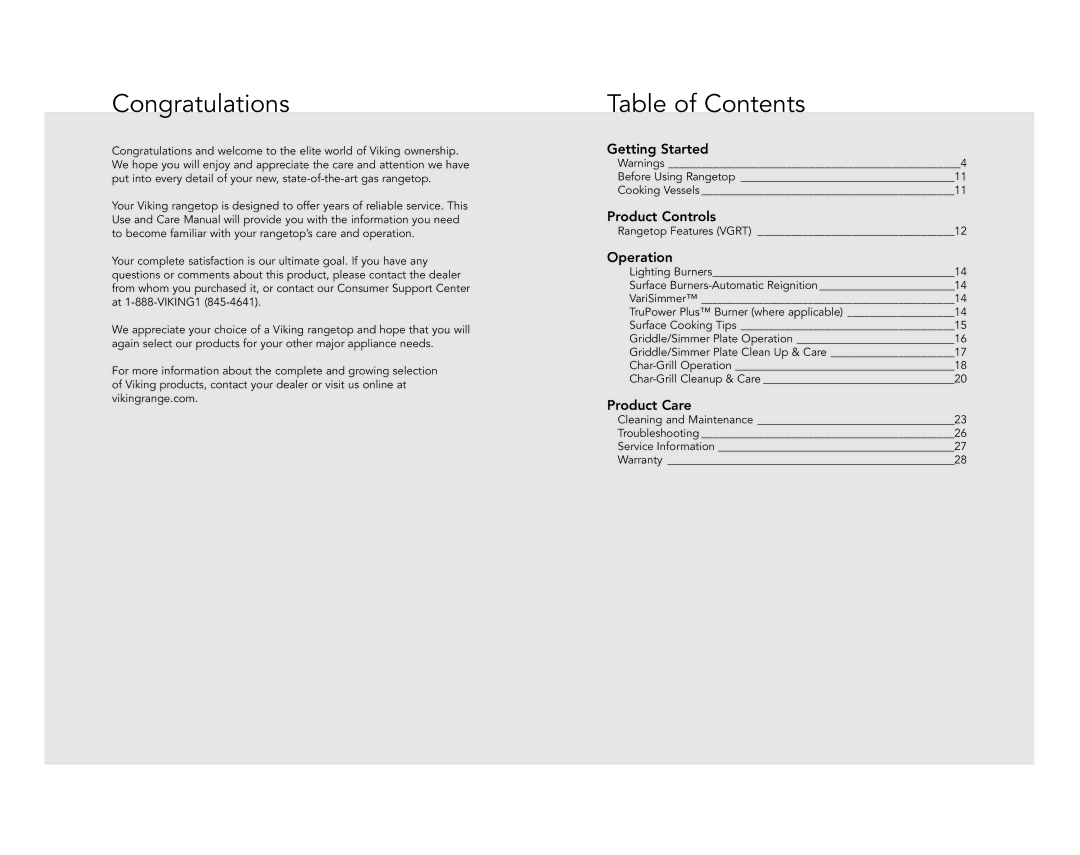 Viking VGRT548-6GSS manual Congratulations, Table of Contents 