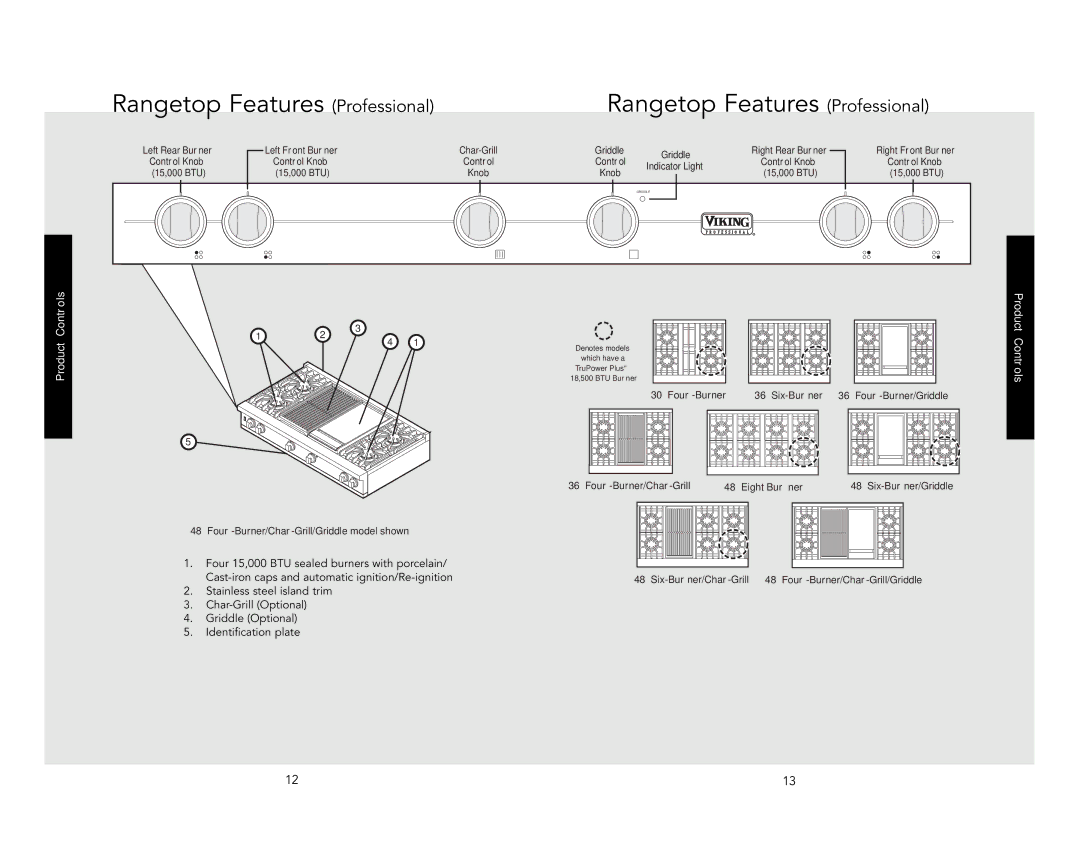 Viking VGRT548-6GSS manual Rangetop Features Professional, Controls Product, Product Controls 