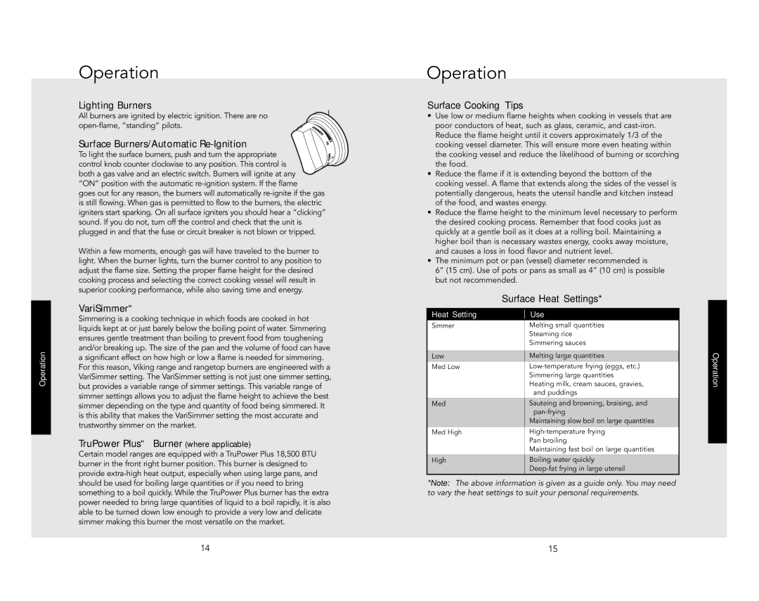 Viking VGRT548-6GSS manual Operation 