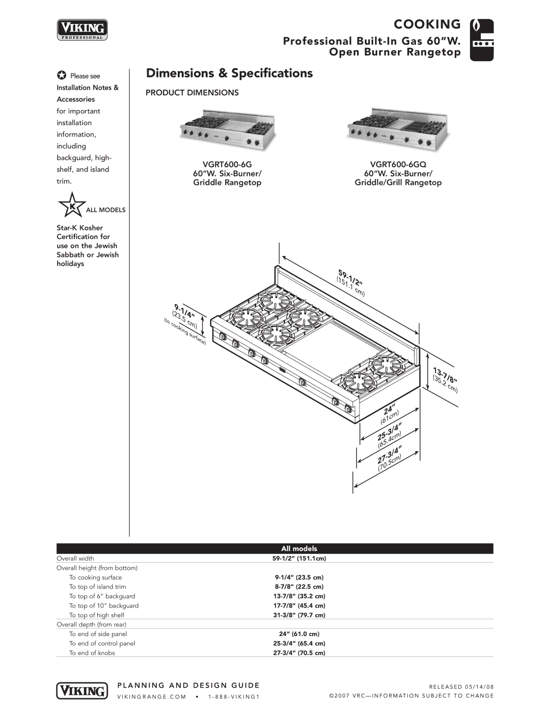 Viking VGRT600-6GQ manual Dimensions & Specifications, Planning Design Guide 