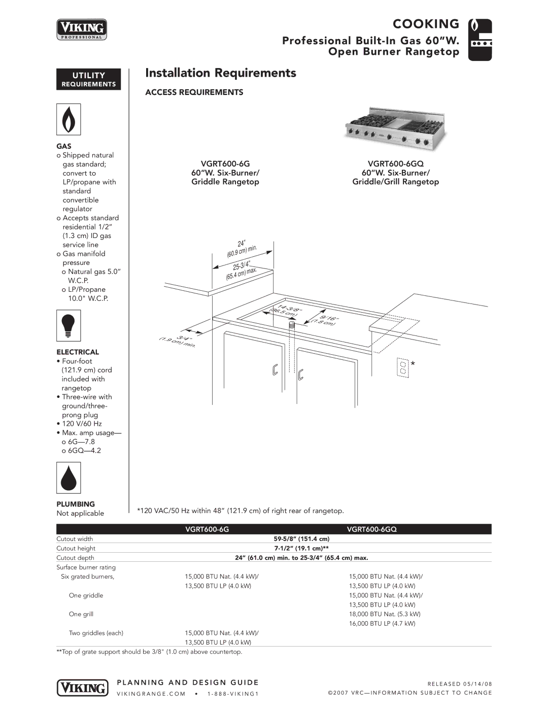 Viking VGRT600-6GQ manual Installation Requirements, Gas, Electrical, Plumbing 