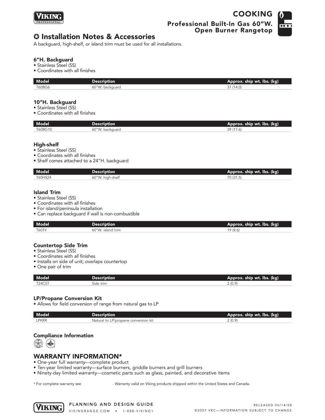 Viking VGRT600-6GQ manual Installation Notes & Accessories 