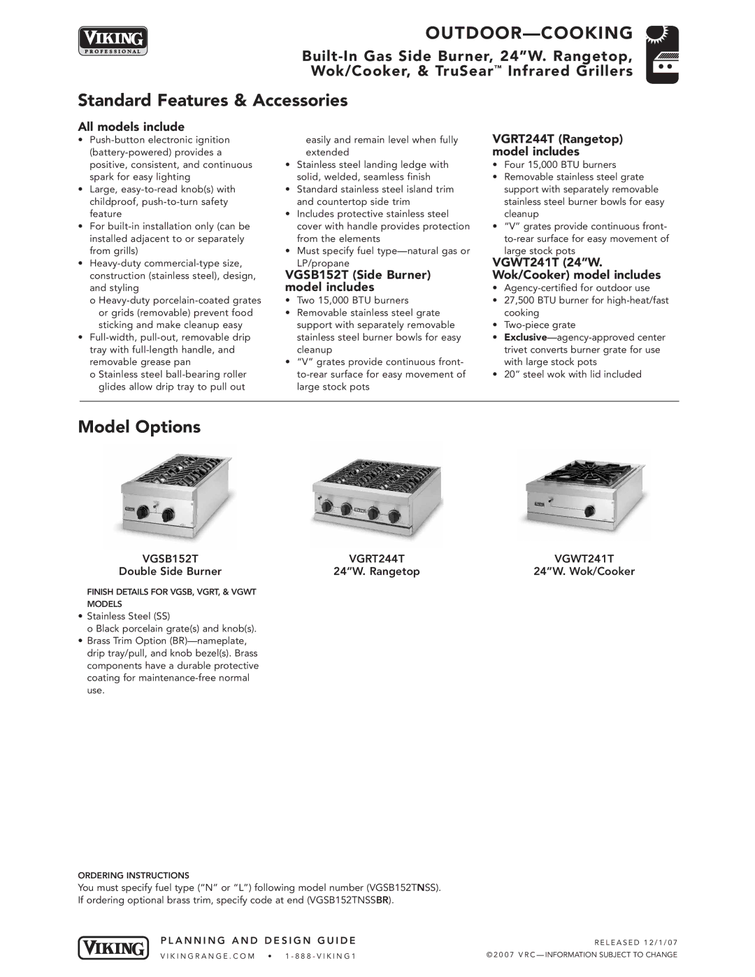 Viking VGSB244T, VGSB241T, VGSB152T manual Standard Features & Accessories, Model Options 