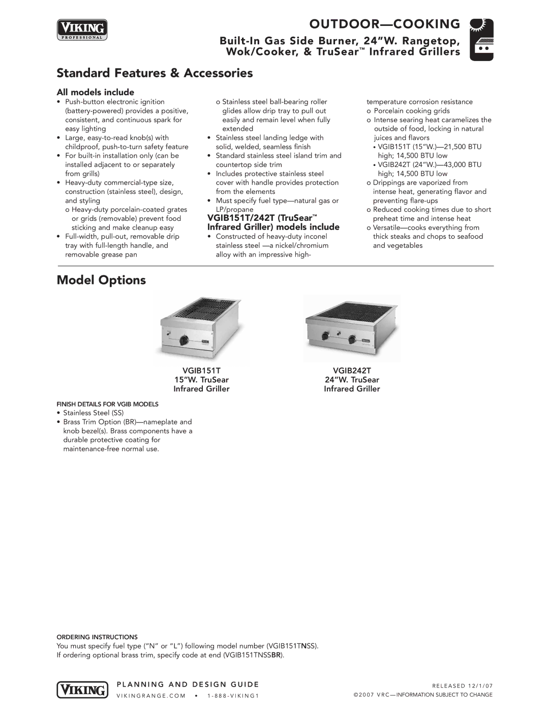 Viking VGSB152T, VGSB241T, VGSB244T manual VGIB151T/242T TruSear Infrared Griller models include, VGIB151T VGIB242T 