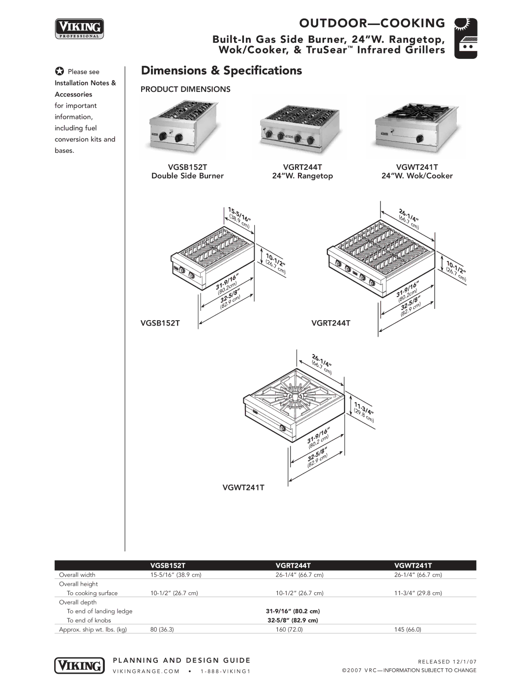 Viking VGSB241T, VGSB244T manual Dimensions & Specifications, Product Dimensions VGSB152T VGRT244T VGWT241T 