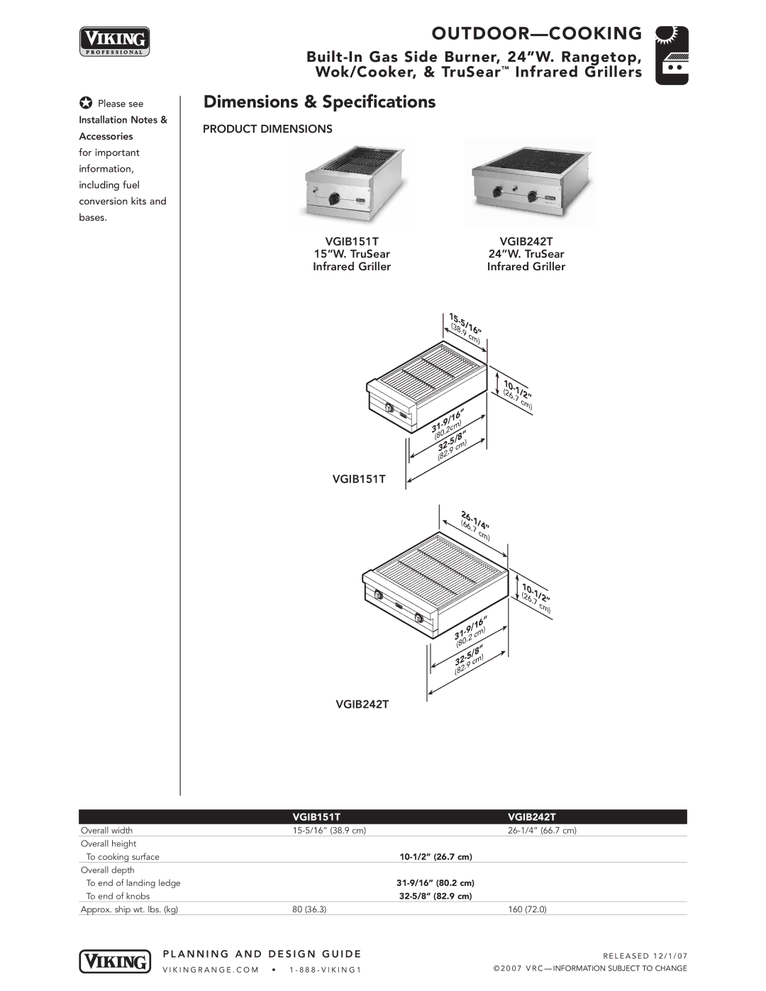 Viking VGSB244T, VGSB241T, VGSB152T manual Product Dimensions VGIB151T VGIB242T 