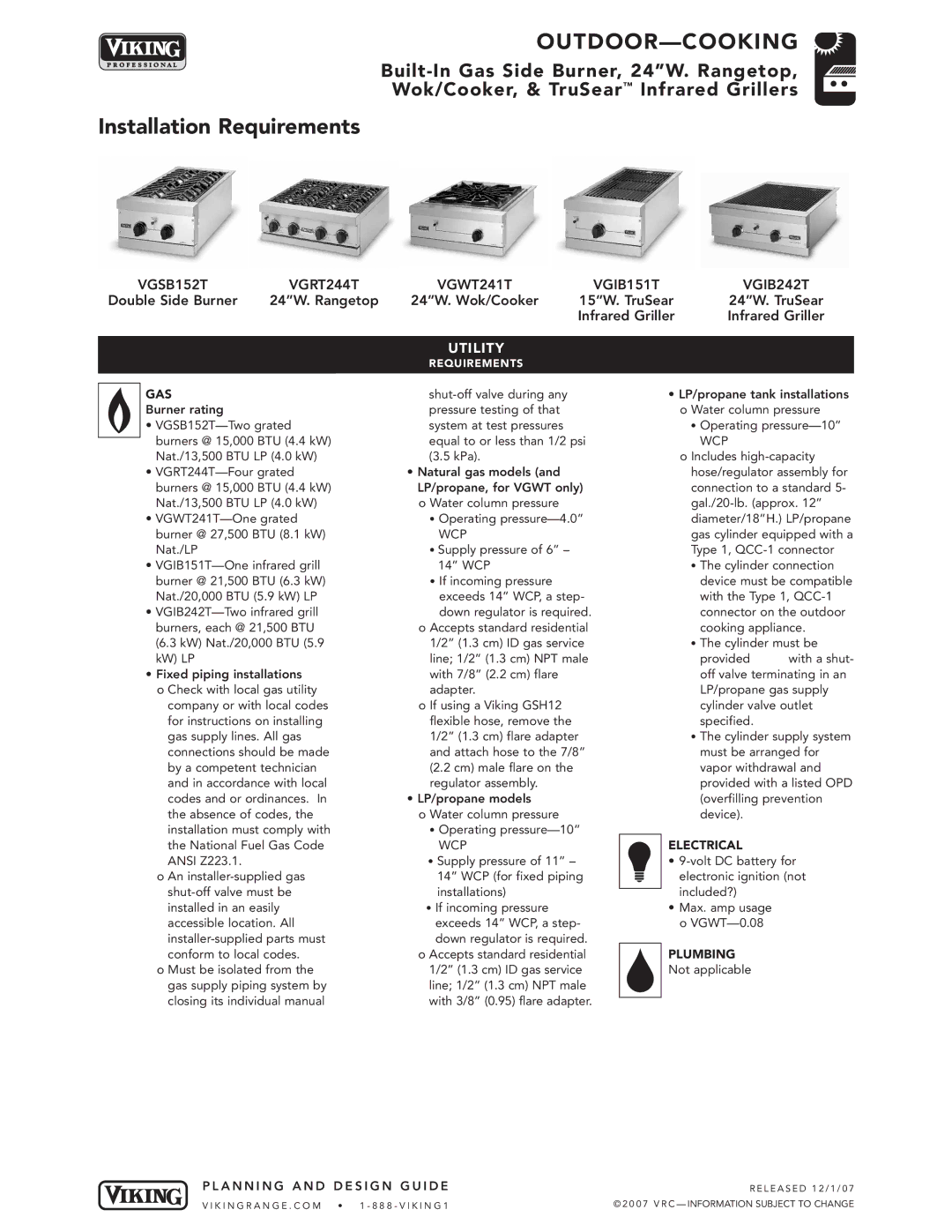 Viking VGSB241T, VGSB244T manual Installation Requirements, VGSB152T VGRT244T VGWT241T VGIB151T VGIB242T, Wcp 