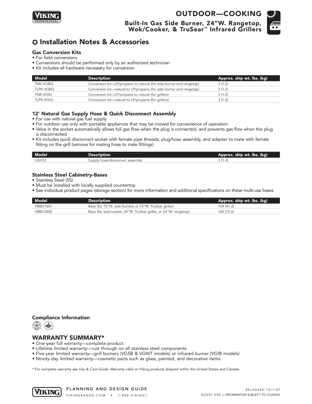 Viking VGSB244T, VGSB241T, VGSB152T Installation Notes & Accessories, Gas Conversion Kits, Stainless Steel Cabinetry-Bases 