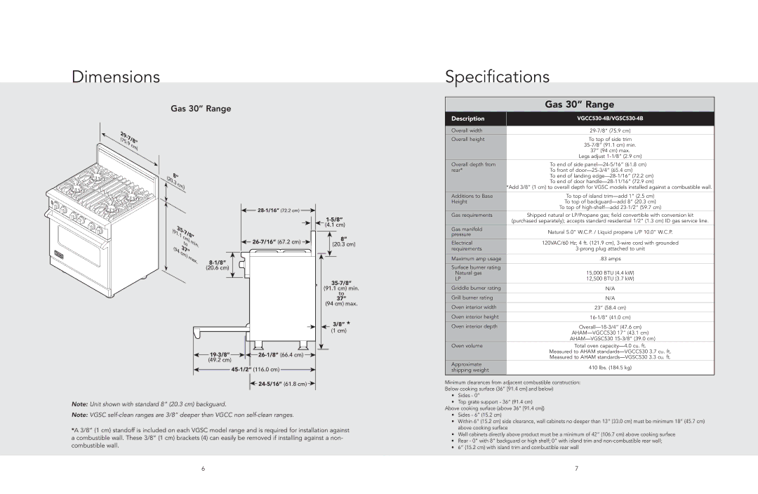 Viking VGSC manual Dimensions, Specifications 