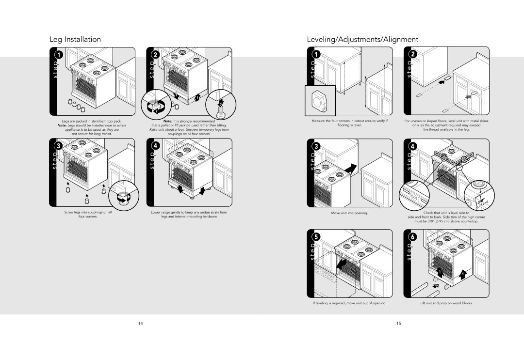 Viking VGSC manual Leg Installation, Leveling/Adjustments/Alignment 