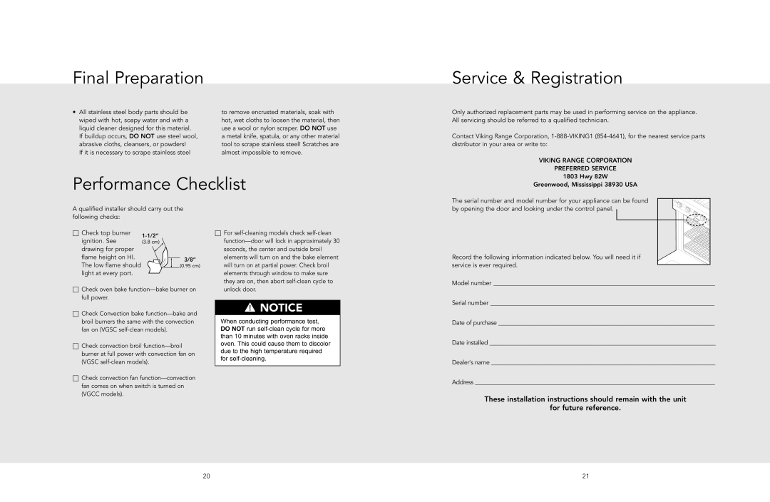 Viking VGSC manual Final Preparation, Service & Registration, Performance Checklist, for future reference 