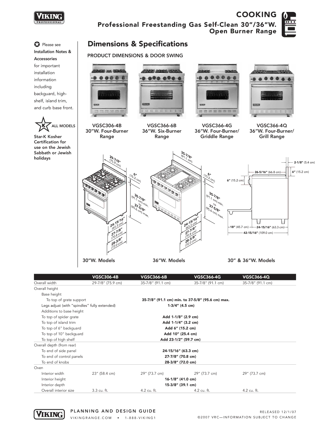 Viking VGSC366-6B, VGSC366-4Q, VGSC388-4G dimensions Dimensions & Specifications, VGSC306-4B, Griddle Range Grill Range 