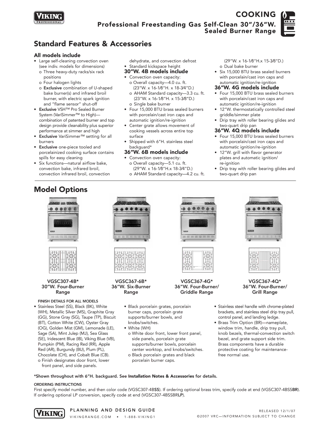 Viking VGSC367-4G*, VGSC307-4BSSBR, VGSC307-4B*, VGSC367-68* dimensions Standard Features & Accessories, Model Options 